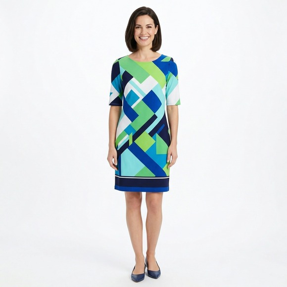 Jessica Howard Dresses & Skirts - Jessica Howard Women's Blue Green Geometric Abstract Print Shift Dress Size 10